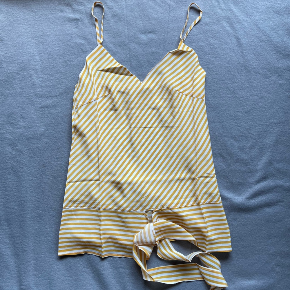 Gold Hawk 100% Silk Cami Gold & White Stripe Tie Waist Front Small Boho Coquette